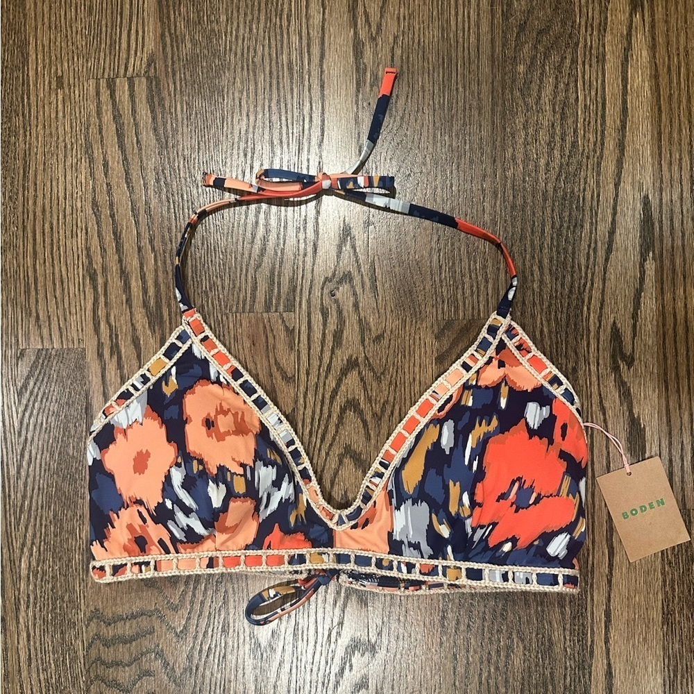 NWT Boden bikini top navy with orange floral pattern